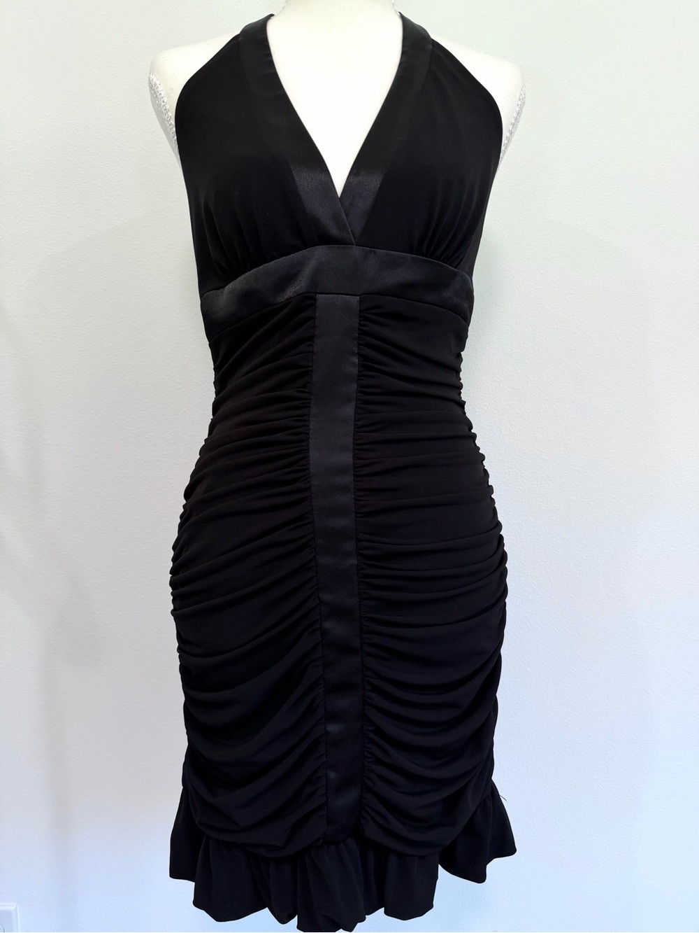 Vintage Cache Black Satin Ruched Halter Mini Dress Y2K Party Size 8
